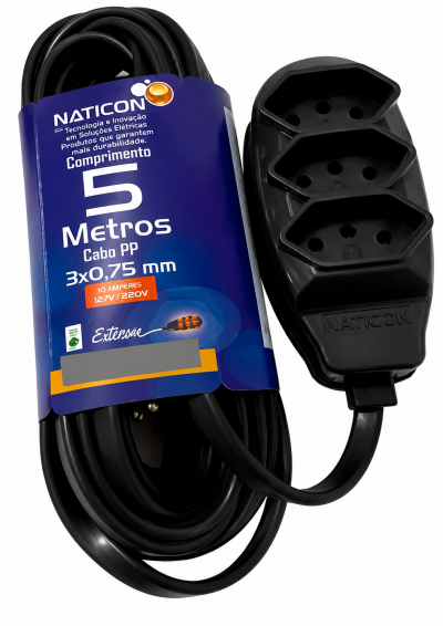 Extensão Elétrica PP 5 Metros 2P+T 10A Preta 0,75 mm² Naticon 2542