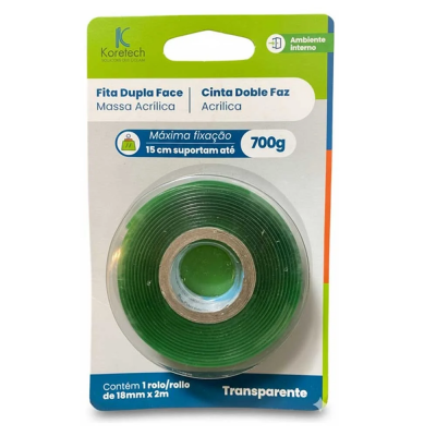 Fita Dupla Face Acrílica Transparente 18mm x 2m Koretech