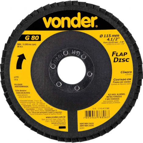 Flap Disc Cônico 4.1/2" (115 mm) Grão 80 Costado em Fibra de Vidro Vonder