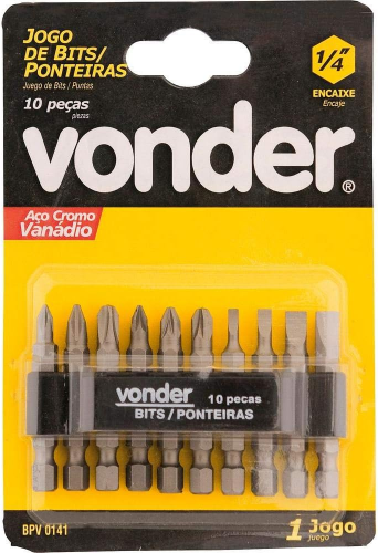 Jogo de Bits Ponteira CRV com 10 Peças Encaixe 1/4" Vonder
