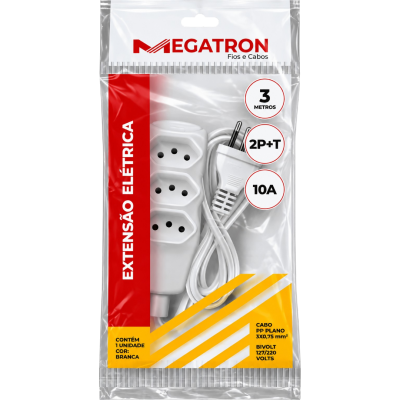 Extensão Elétrica 2P+T 10A 3 Metros Cabo 3x0,75mm² Bivolt 127/220V Megatron
