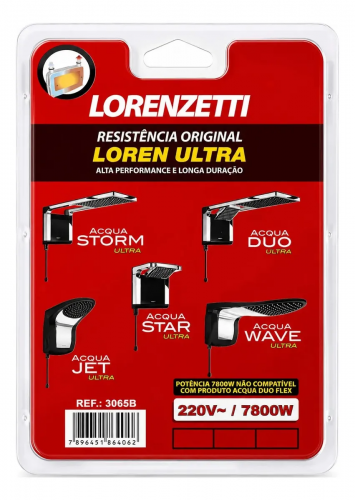 Resistência Lorenzetti Loren Ultra 220V 7800W para Acqua Storm, Acqua Duo, Acqua Jet, Acqua Star e Acqua Wave Original