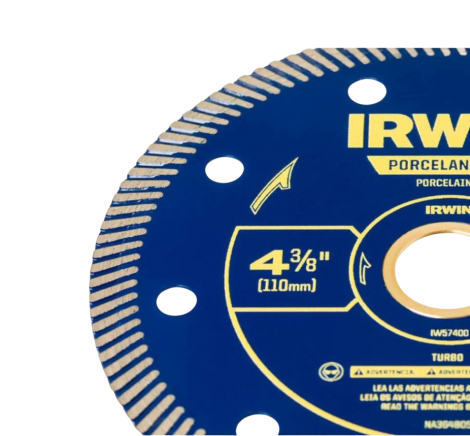 Disco Diamantado Turbo para Porcelanato 110 mm (4-3/8") – Furo 20 mm c/ bucha 16 mm – Irwin IW57400