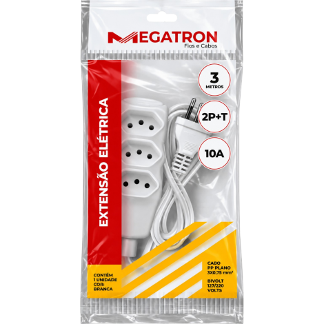 Extensão Elétrica 2P+T 10A 3 Metros Cabo 3x0,75mm² Bivolt 127/220V Megatron
