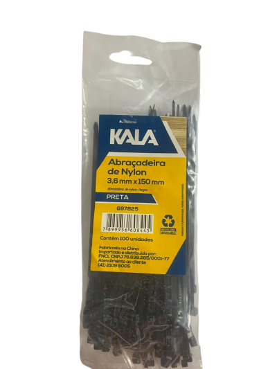 Abraçadeira de Nylon Kala 3,6 x 150mm Preta – Pacote com 100 Peças