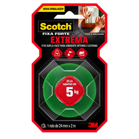 Fita Dupla Face Scotch Fixa Forte Fixação Extrema 5 kg 24 mm x 2 m 3M