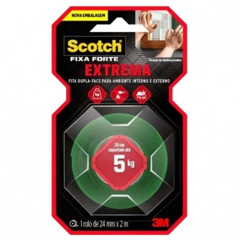 Fita Dupla Face 3M Scotch Fixa Forte Extrema Transparente 24mm x 2m – Suporta até 5kg
