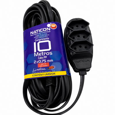 Extensão Elétrica Naticon PP 0,75mm² 10 Metros 2P+T Preta 2559