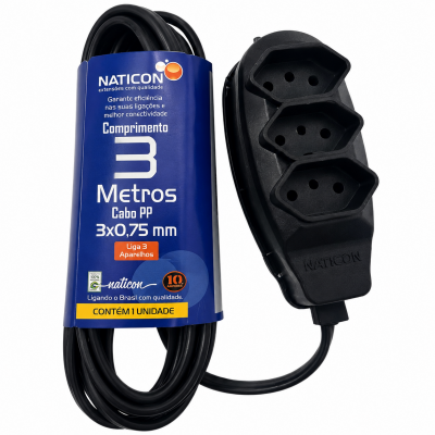 Extensão Elétrica PP 0,75 mm² 3 Metros 2P+T Preta 2535 Naticon