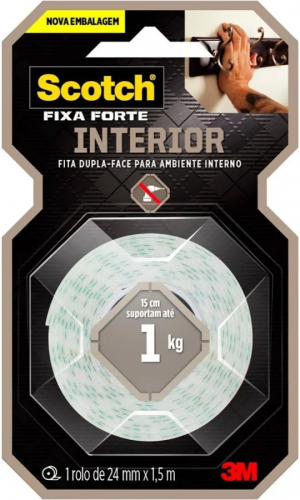 Fita Dupla Face 3M Fixa Forte 24mm x 1,5m Suporta Até 1kg