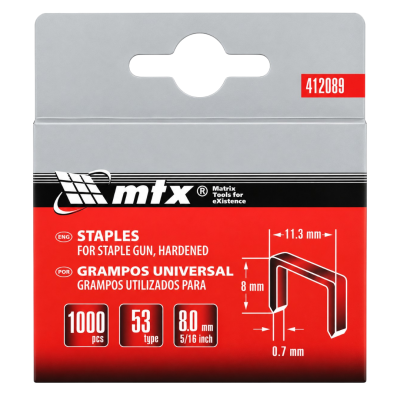 Grampos Temperados para Grampeador Tipo 53 8 mm 1000 Peças MTX