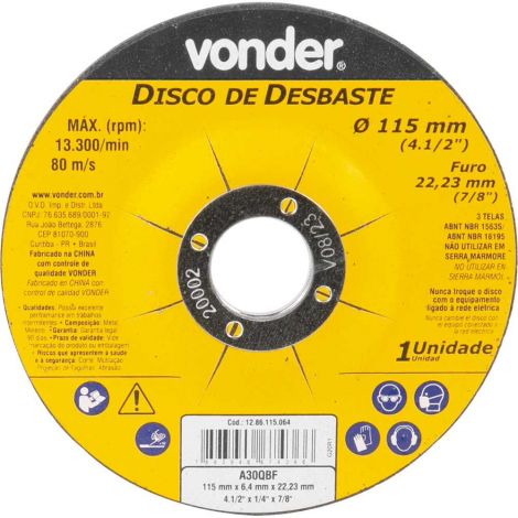 Disco de Desbaste Vonder 4.1/2" (115 mm) para Esmerilhadeira Angular