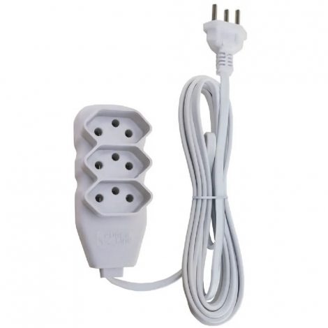 EXTENSAO 3 METROS TRIPOLAR BRANCA COM 3 TOMADAS