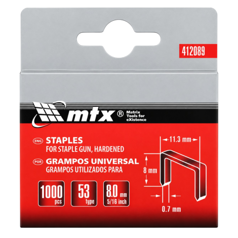 Grampos Temperados para Grampeador Tipo 53 8 mm 1000 Peças MTX